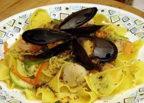 Pappardelle with Smoked Mussels, Shrimp, Yellow Peppers and Black Olives